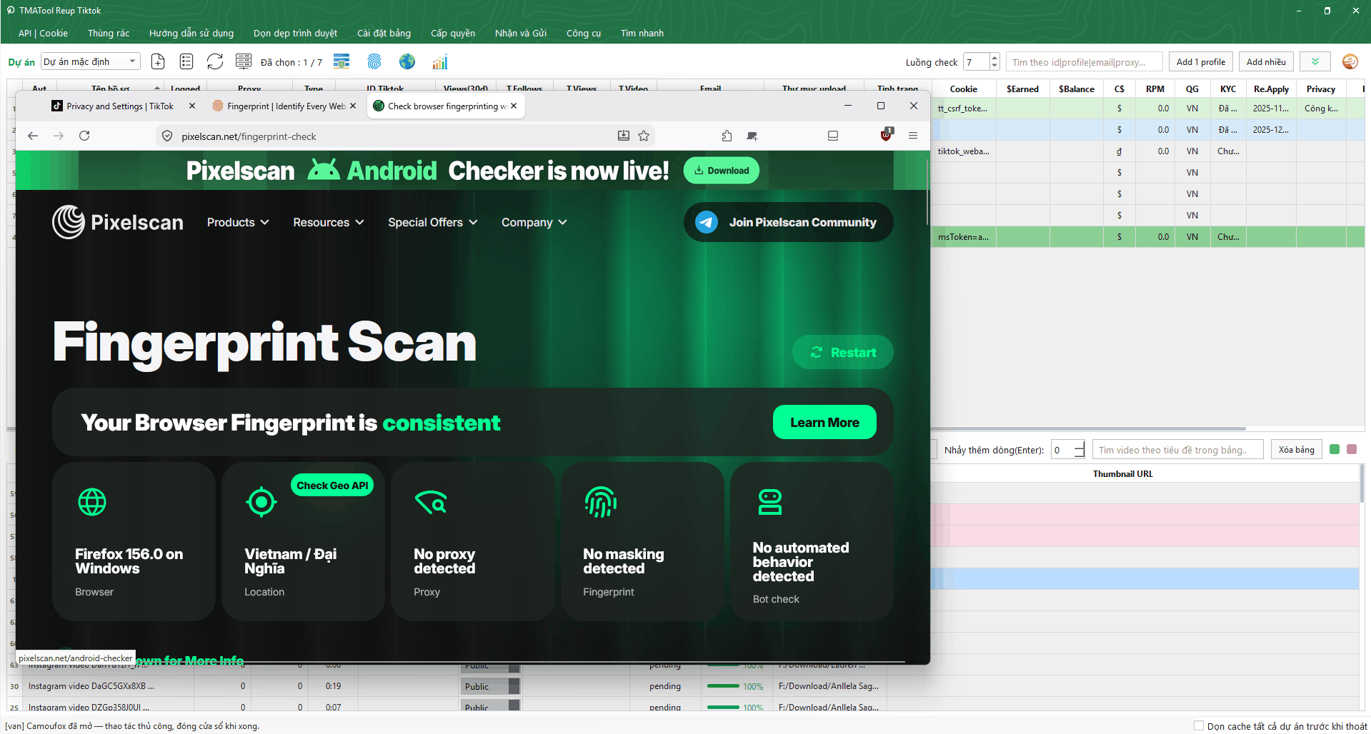 Kết quả kiểm tra trình duyệt trên Pixelscan